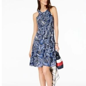 Tommy Hilfiger Womens SZ 8 Blue Paisley Print Jersey A-Line Dress Preppy Easter